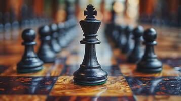 Chess on chess board game for business metaphor leadership concept select focus on king chess in vintage room photo