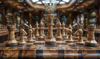 Chess on chess board game for business metaphor leadership concept select focus on king chess in vintage room photo