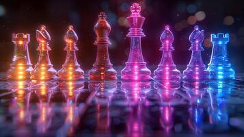 Chess pieces on a chessboard on a dark background with smoke bokeh, shot in neon pink-blue colors photo