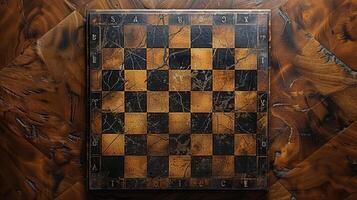 Old chess board standing on stone background with copy space, competition concept, top view photo