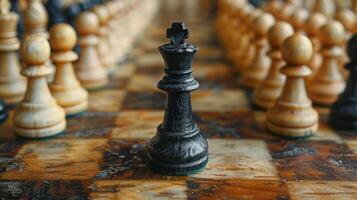 Chess on chess board game for business metaphor leadership concept select focus on king chess in vintage room photo