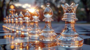 Glass chess pieces on a chess board in the yard at sunrise, business concept photo