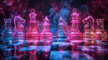 Chess pieces on a chessboard on a dark background with smoke bokeh, shot in neon pink-blue colors photo