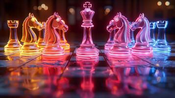 Chess pieces on a chessboard on a dark background with smoke bokeh, shot in neon pink-blue colors photo