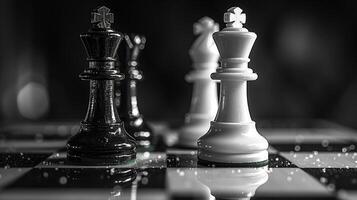 The set of chess pieces element standing on chessboard on dark background photo