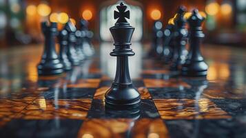 Chess on chess board game for business metaphor leadership concept select focus on king chess in vintage room photo