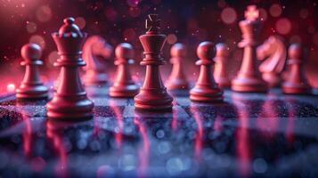 Chess pieces on a chessboard on a dark background with smoke bokeh, shot in neon pink-blue colors photo