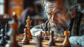Portrait of a bearded senior man thinking about game strategy and competing in a chess tournament photo