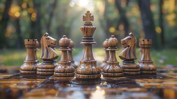 Chess on chess board game for business metaphor leadership concept select focus on king chess in outdoor photo