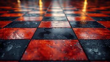 Horror concept, cabbage red with blood and black checkerboard floor photo