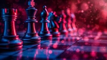 Chess pieces on a chessboard on a dark background with smoke bokeh, shot in neon pink-blue colors photo