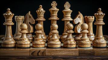 The set of chess pieces element, white chess standing on chessboard on dark background photo