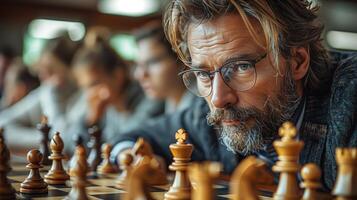 Portrait of a bearded senior man thinking about game strategy and competing in a chess tournament photo