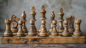 Chess set standing on stone background with copy space photo