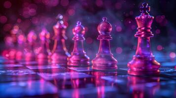 Chess pieces on a chessboard on a dark background with smoke bokeh, shot in neon pink-blue colors photo