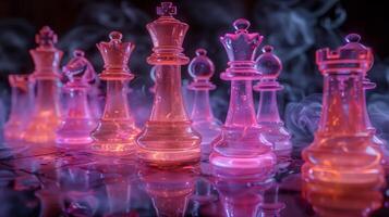 Chess pieces on a chessboard on a dark background with smoke bokeh, shot in neon pink-blue colors photo