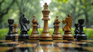 Chess on chess board game for business metaphor leadership concept select focus on king chess in outdoor photo