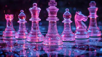 Chess pieces on a chessboard on a dark background with smoke bokeh, shot in neon pink-blue colors photo