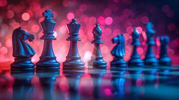 Chess pieces on a chessboard on a dark background with smoke bokeh, shot in neon pink-blue colors photo