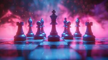 Chess pieces on a chessboard on a dark background with smoke bokeh, shot in neon pink-blue colors photo