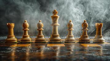 Chess set standing on smoke background with copy space photo