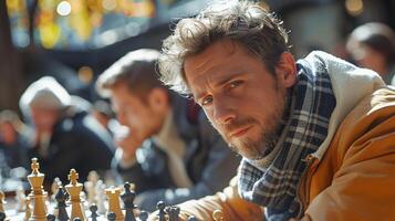 Portrait of a bearded man competing in a championship chess tournament photo