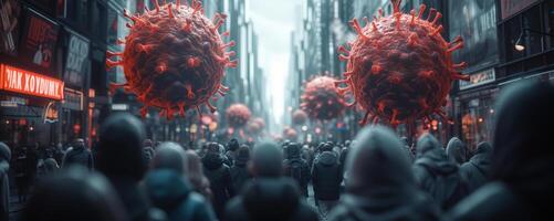 Frightened crowd of people in panic amid explosion of new Virus X or Disease X on street of metropolis - back view photo