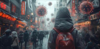 Frightened crowd of people in panic amid explosion of new Virus X or Disease X on street of metropolis - back view photo