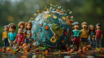 A globe with symbolic icons of recycling, solar energy, and water conservation, surrounded by diverse groups of children engaging in environmental activities photo