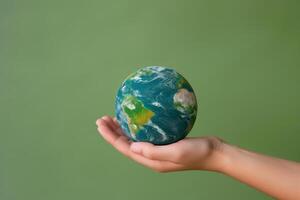Hand holding planet earth on the palm of a hand. Earth Day concept, studio green background photo