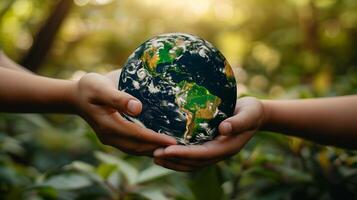 Close up of hands giving small planet earth to child over defocused green background with copy space photo