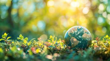 real planeta globo descansando en musgo en un bosque - ambiente concepto foto
