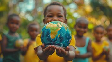 International day of peace concept with African Children holding earth globe photo