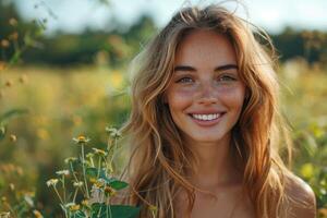 Portrait of happy smiling woman with bare shoulders on natural field background photo