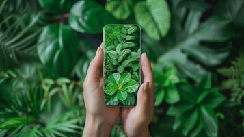 Female hands holding smartphone on green palm leaves background, top view, copy space photo