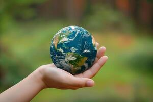 Hand holding planet earth on the palm of hand. Earth Day concept, nature green background photo