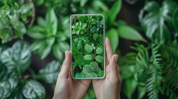 Female hands holding smartphone on green palm leaves background, top view, copy space photo