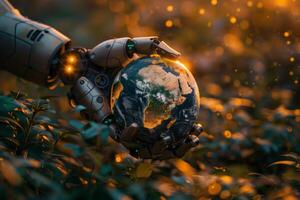 Robot hands holding realistic Earth model, symbolizing environmental care and global unity on ground earth and plant background photo