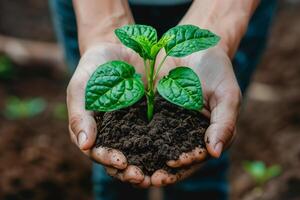 Hands holding sprout for growing nature on the soil background photo