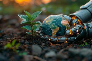 Robot hands holding realistic Earth model, symbolizing environmental care and global unity on ground earth and plant background photo