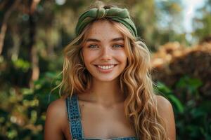 Portrait of happy smiling woman with bare shoulders on natural botanical garden background photo