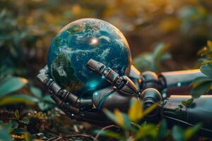 Robot hands holding realistic Earth model, symbolizing environmental care and global unity on ground earth and plant background photo