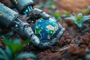 Robot hands holding realistic Earth model, symbolizing environmental care and global unity on ground earth and plant background photo