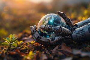 Robot hands holding realistic Earth model, symbolizing environmental care and global unity on ground earth and plant background photo
