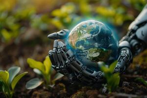 Robot hands holding realistic Earth model, symbolizing environmental care and global unity on ground earth and plant background photo