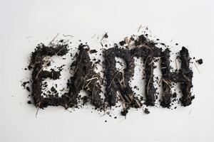 Word earth made of black soil isolated white background, top view photo