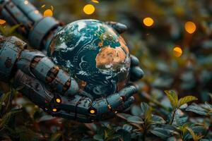 Robot hands holding realistic Earth model, symbolizing environmental care and global unity on ground earth and plant background photo