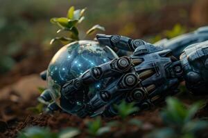 Robot hands holding realistic Earth model, symbolizing environmental care and global unity on ground earth and plant background photo
