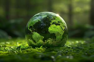 crystal globe resting on moss in a forest - environment concept photo