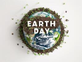 Around the globe text Earth Day, bird eye view, photo realistic, white background
